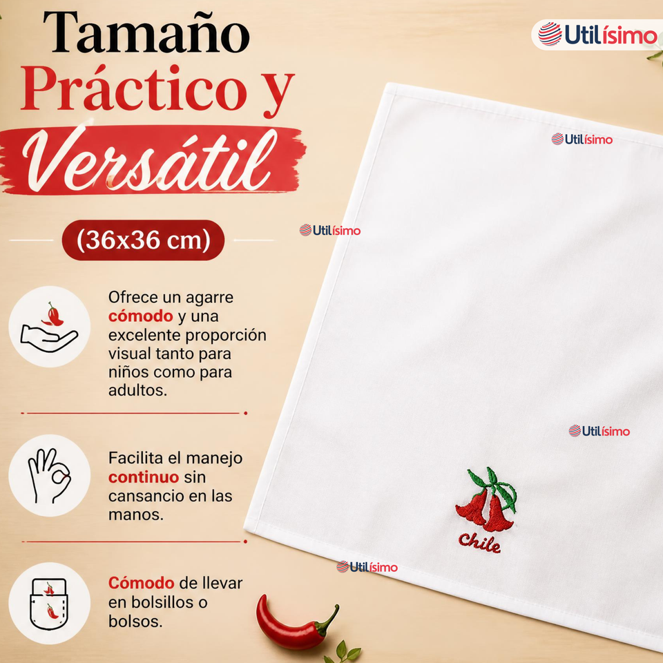 Pack 3 Pañuelos Baile Cueca 36cm Bordado Flor Copihue Algodón Fiestas Patrias