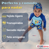 Traje De Baño Manga Larga, Pantalón Corto y Gorro Niño de 3 a 11 Surfboard