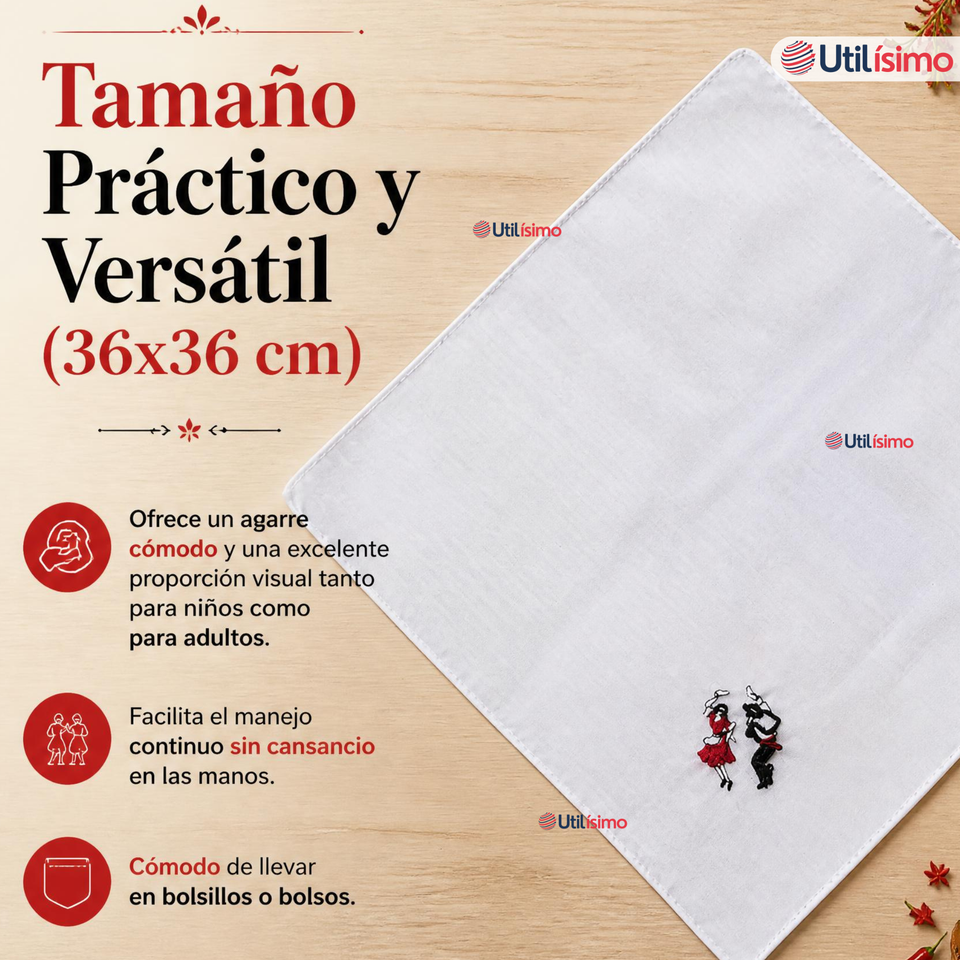 Pack 6 Pañuelos Baile Cueca 36cm Bordado Pareja Bailando Algodón Fiestas Patrias