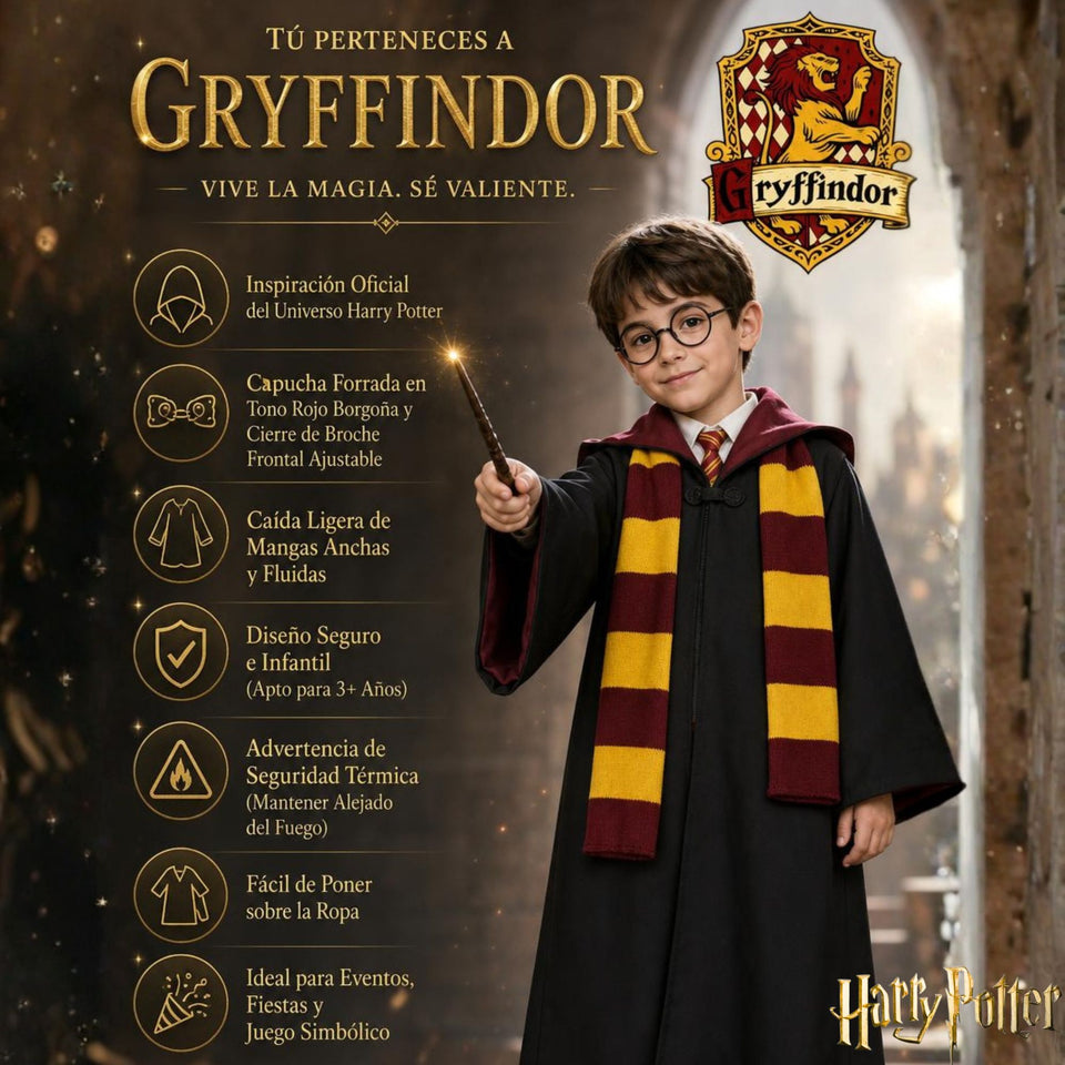 Disfraz Harry Potter Con Capa + Bufanda + Corbata + Varita Gryffindor Niño y Niña