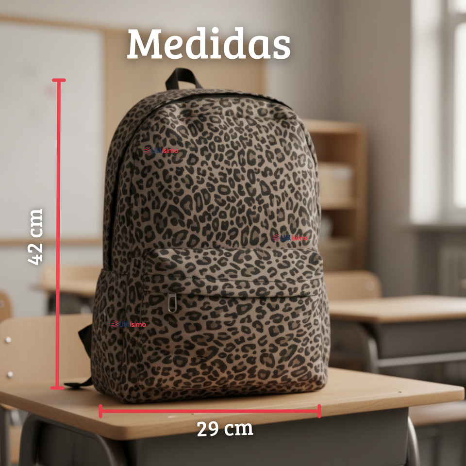 Mochila Bolso Animal Print Con Estampado De Leopardo + Lonchera + Estuche Escolar Niña 42Cm