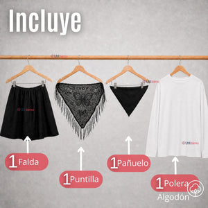 Traje Chilote Niña Negro 4 Piezas Con Polera Baile Típico Fiestas Patrias