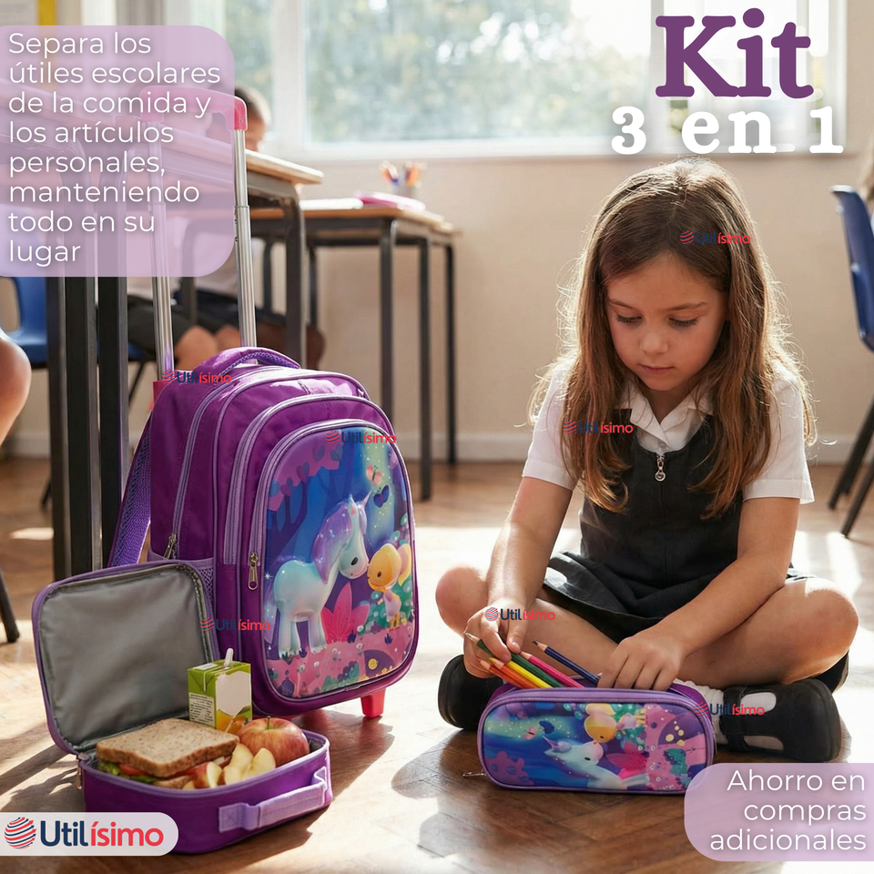 Mochila Escolar Con Ruedas + Estuche + Lonchera 46cm Desmontable Poliéster Morado Unicornio Niña