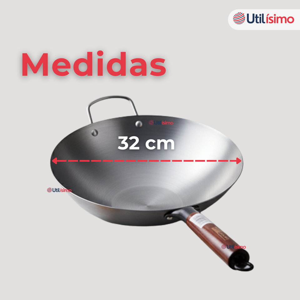 Sartén Wok De Hierro Concavo Con Mango 34cm Plateado
