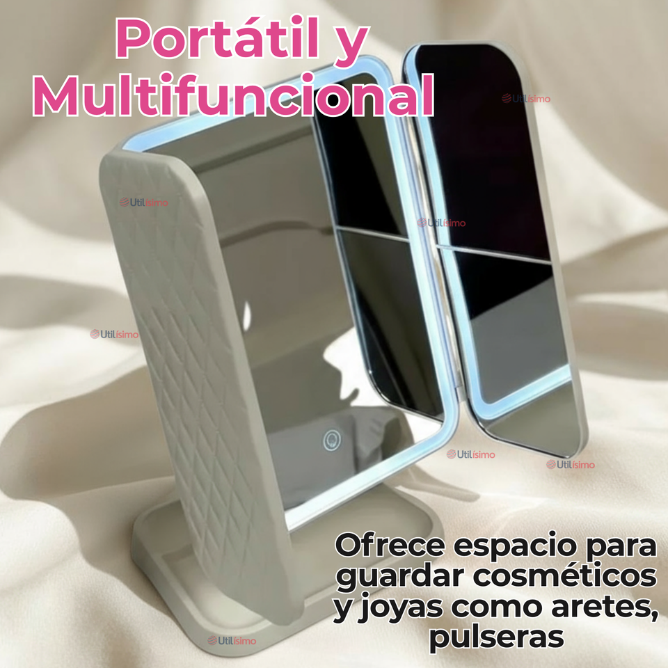Espejo De Maquillaje Tri Plegable Con Luces LED Recargable