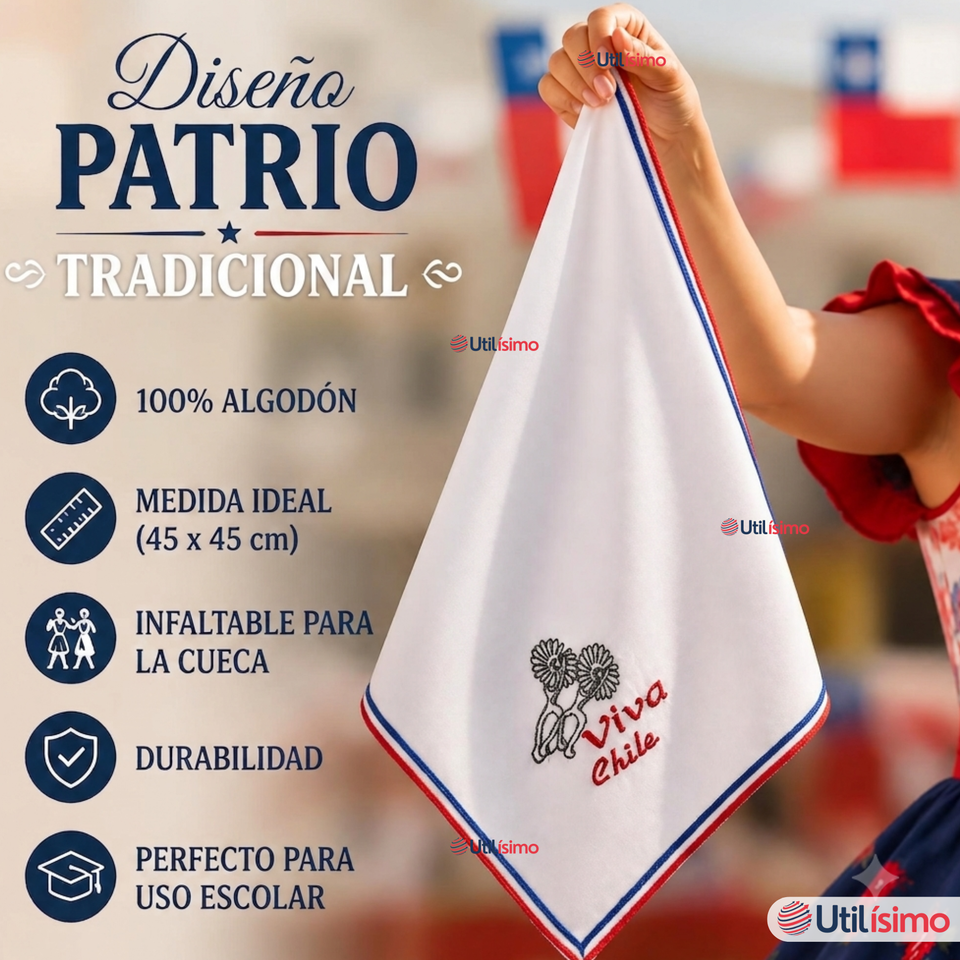 Pañuelo Baile Cueca 45cm Bordado Espuelas Algodón Fiestas Patrias