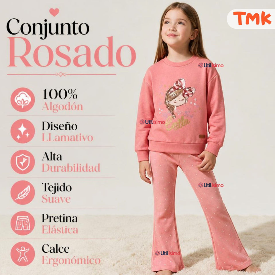 Conjunto 2 Piezas Polerón y Pantalón Palazzo 100% Algodón Tedmimak Niña Beautiful pink