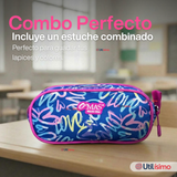 Mochila Bolso Escolar + Estuche + Lonchera 43Cm Niña Tela Oxford Love Graffiti