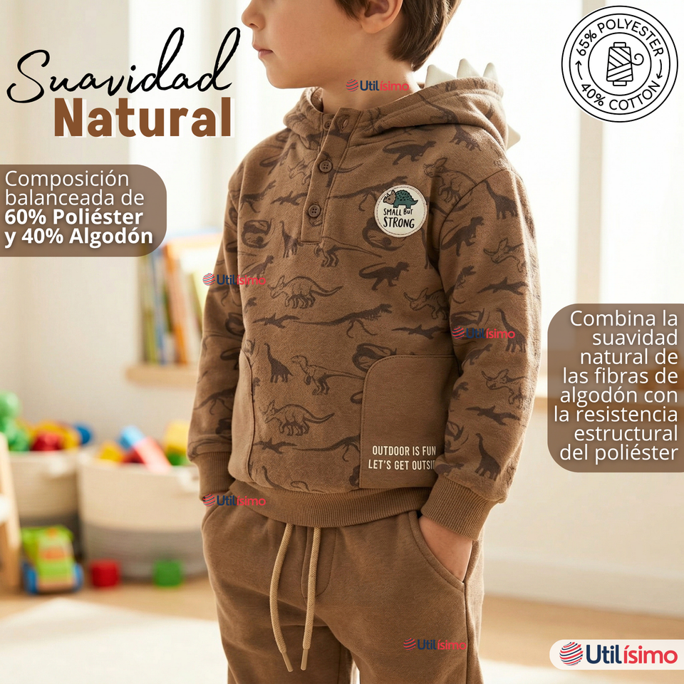 Conjunto 2 Piezas Buzo Pantalón Y Polerón Con Capucha Beige Dinosaurio Niño