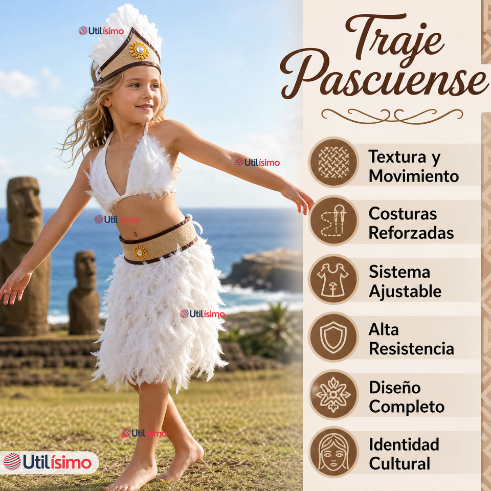 Traje Pascuense Típico Blanco Con Plumas 3 Piezas Niña Rapa Nui Fiestas Patrias