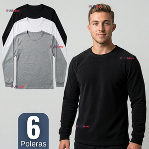 Pack 6 Camisetas Poleras Algodón Primera Capa Manga Larga Hombre Cuello Redondo