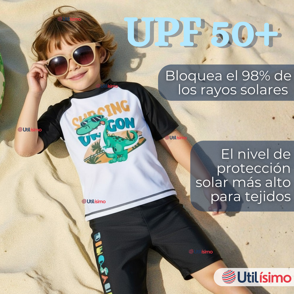 Traje de Baño Manga Corta Pantalón Corto 2 Piezas Corte Split Niño 3 a 9 años Black Dinosaur