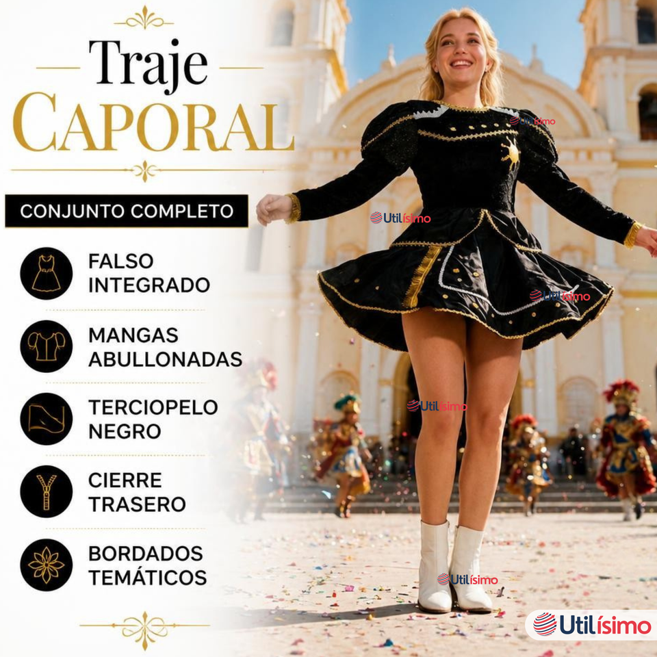 Traje Caporal Típico 2 Piezas Negro Mujer Fiestas Patrias