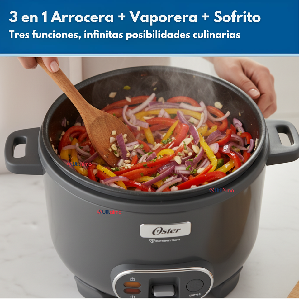 Oster Arrocera 3 en 1, 10 Tazas de Capacidad Función de Sofrito, Vaporera, Recubrimiento Antiadherente Oster DiamondForce, CKSTRC10DFSKE