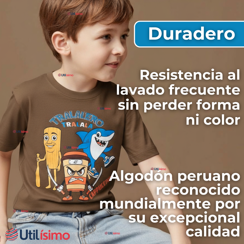 Polera Brainrots 100% Algodón Manga Corta Niño Tralalero Marrón