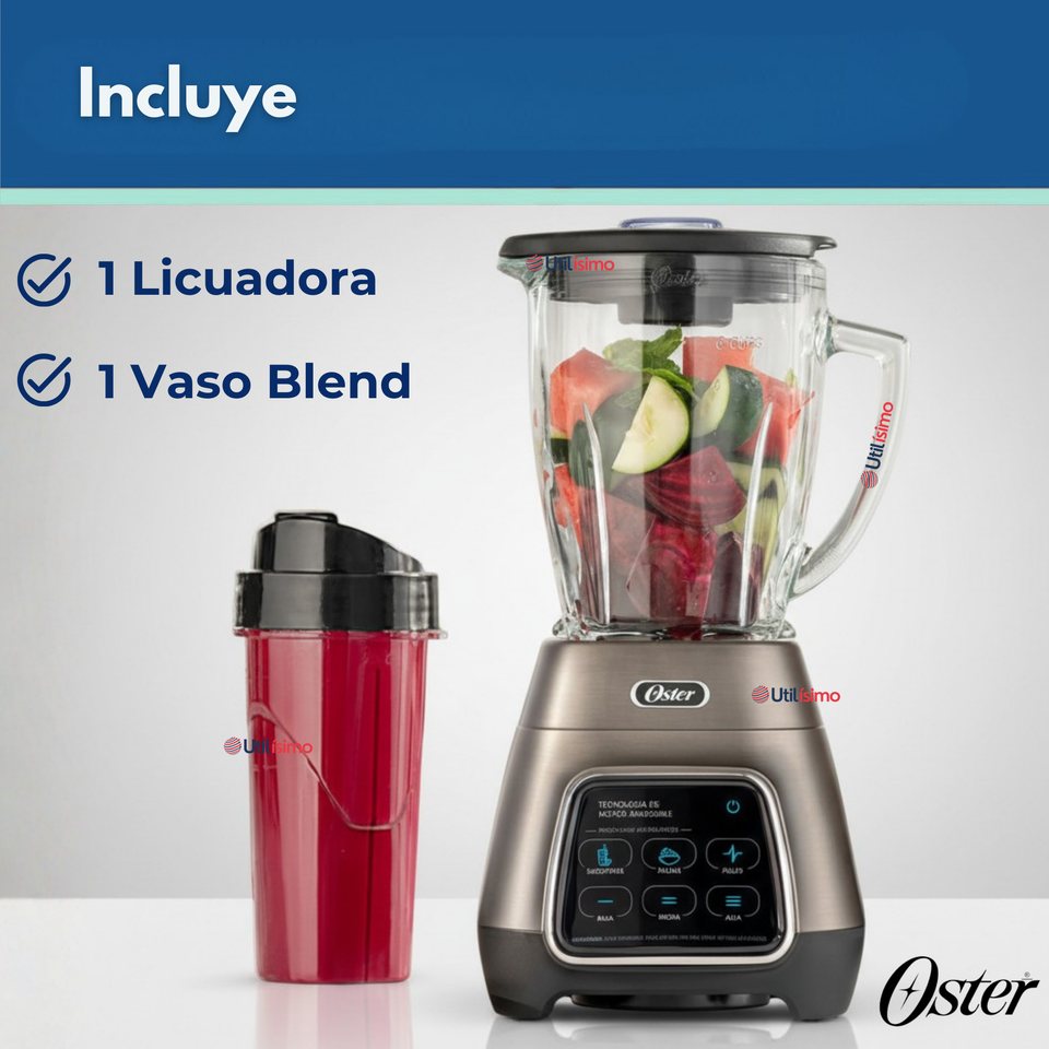 Licuadora Oster® programas automáticos con tecnología reversible, pantalla táctil y vaso BLend-N-Go BLSTPYG1312XBG