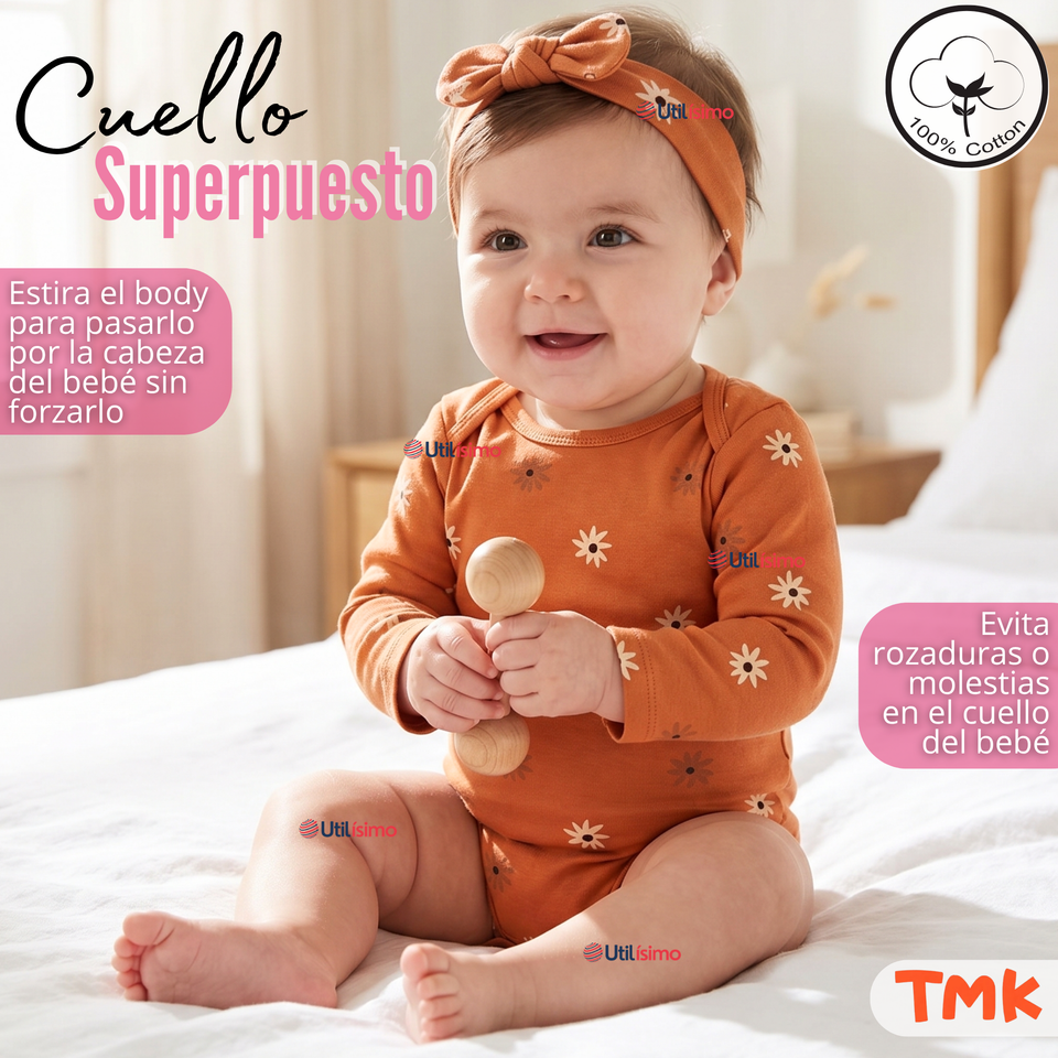 Pack 5 Bodys Manga Larga 100% Algodón Tedmimak Pink Blossom Bebé Niña