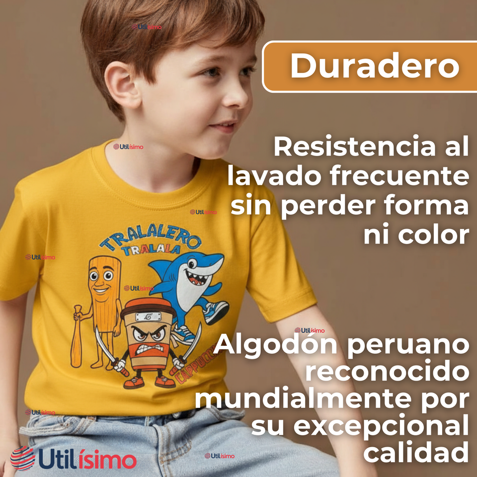 Polera Brainrots 100% Algodón Manga Corta Niño Tralalero Amarillo
