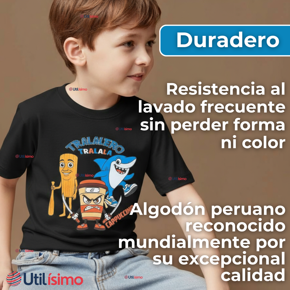 Polera Brainrots 100% Algodón Manga Corta Niño Tralalero Negro