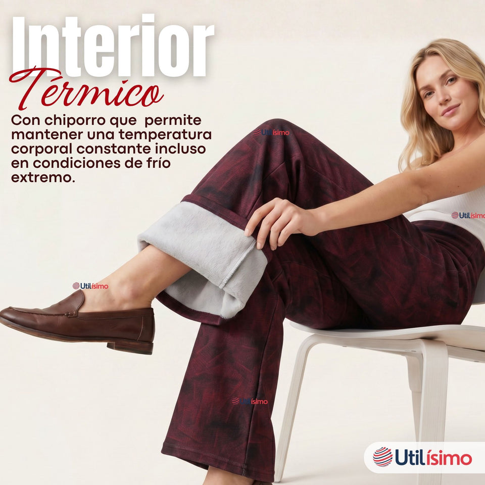Calza Polar Con Chiporro Palazzo Mujer Elasticada Térmica Burdeo