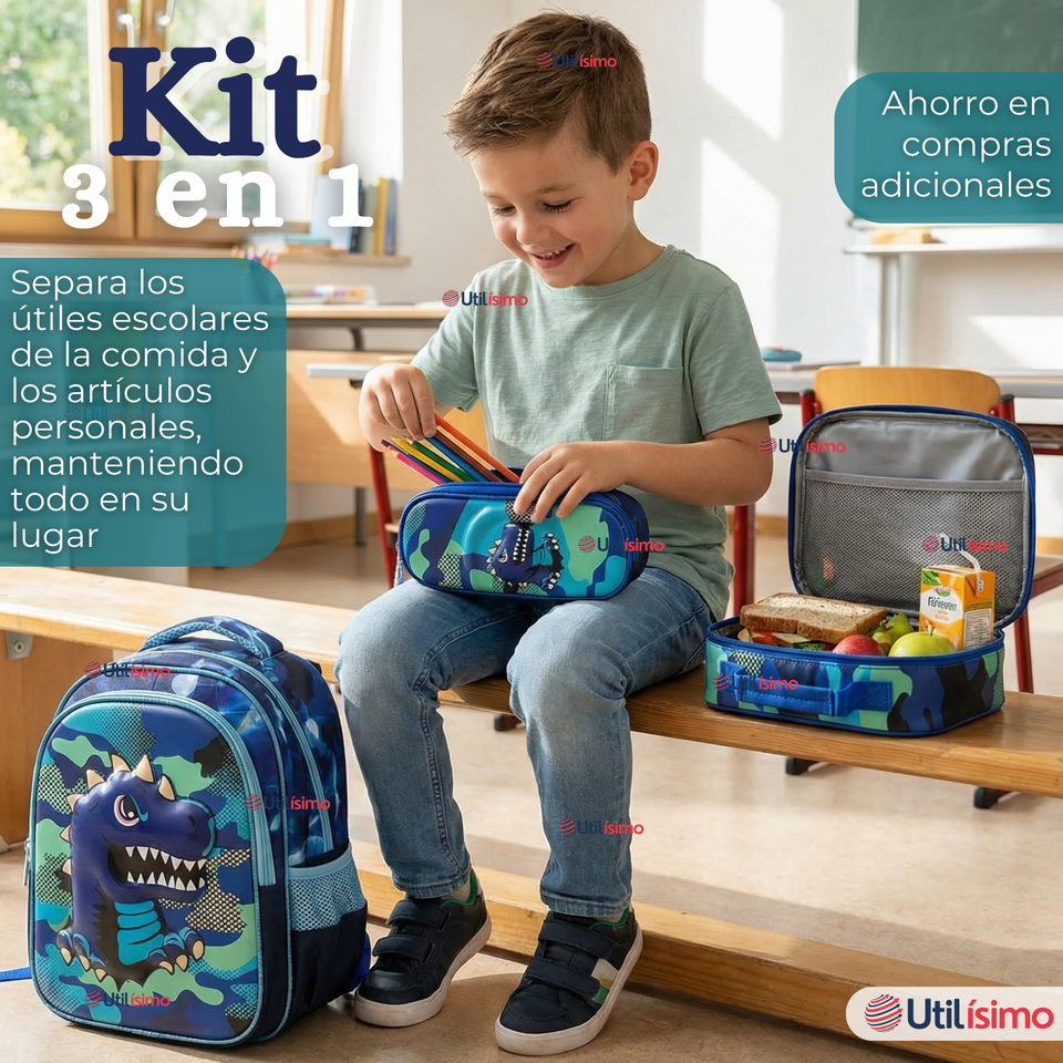 Mochila Escolar + Estuche + Lonchera 40cm Tela Oxford Azul Dinosaurio 3D Niño