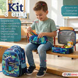 Mochila Escolar + Estuche + Lonchera 40cm Tela Oxford Azul Dinosaurio 3D Niño