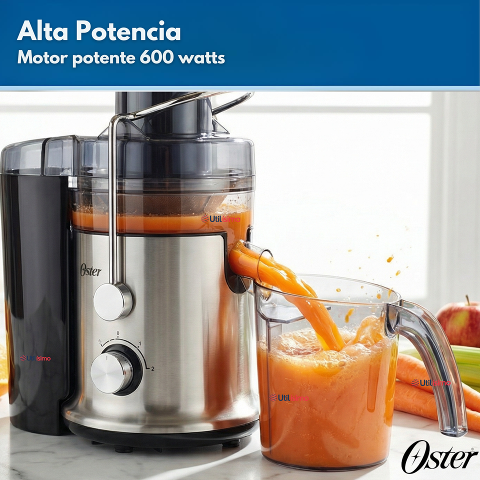 Oster® Extractor de Jugos, con 2 Velocidades + Pulso, y Fácil de Limpiar, Negro y Plateado, FPSTJE320S