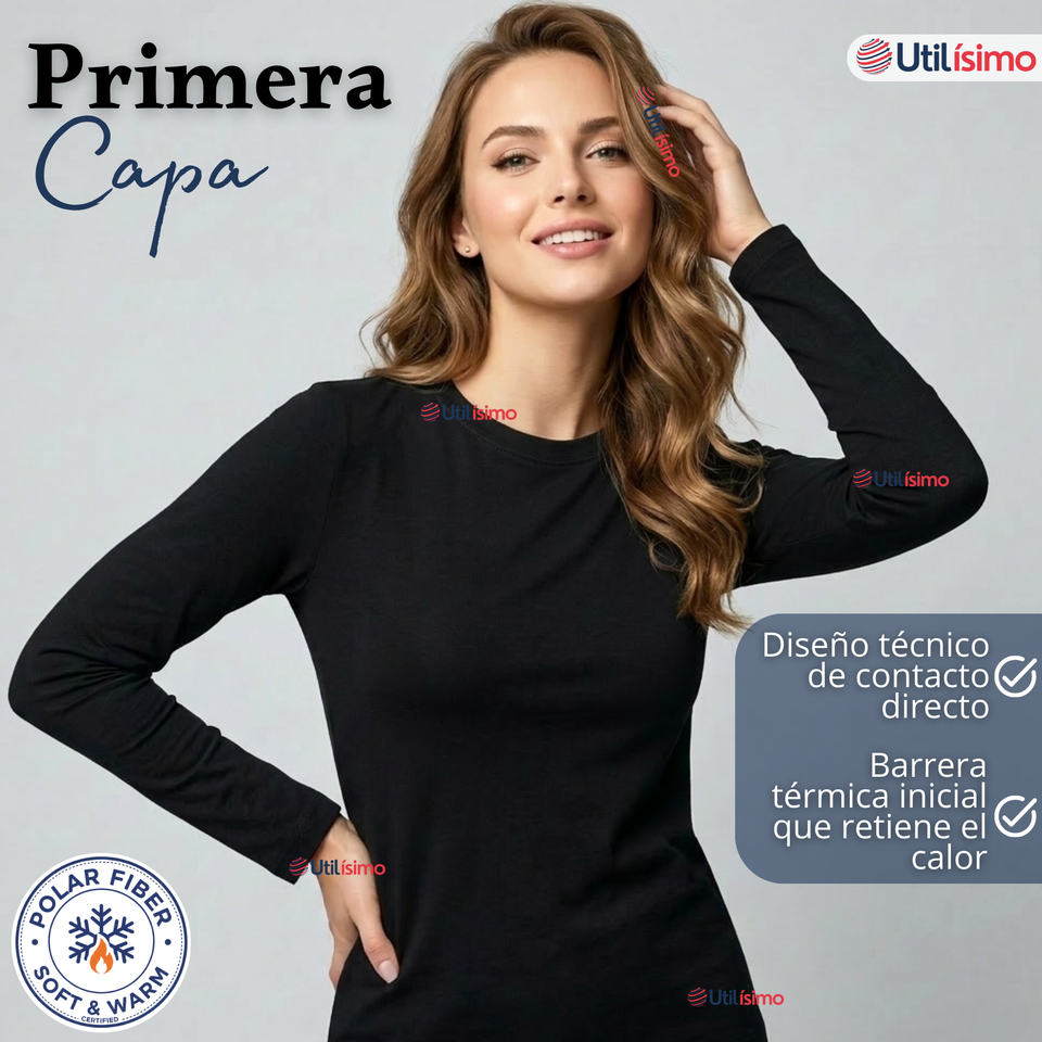 Camiseta Polera Polar Primera Capa Negro Manga Larga Mujer