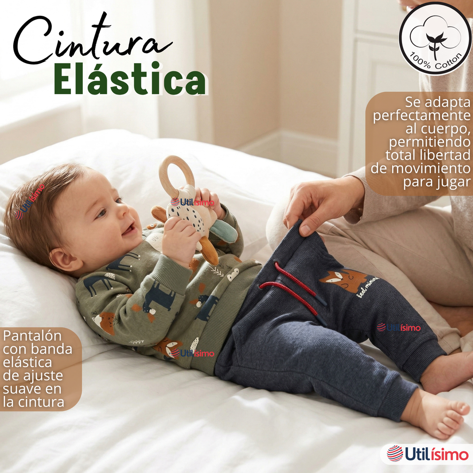 Conjunto 2 Piezas Buzo Pantalón Y Polerón De Algodón Verde Animales Bebé Niño