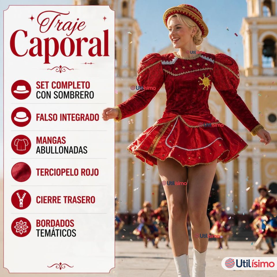 Traje Caporal Típico Completo Con Sombrero Rojo Mujer Fiestas Patrias