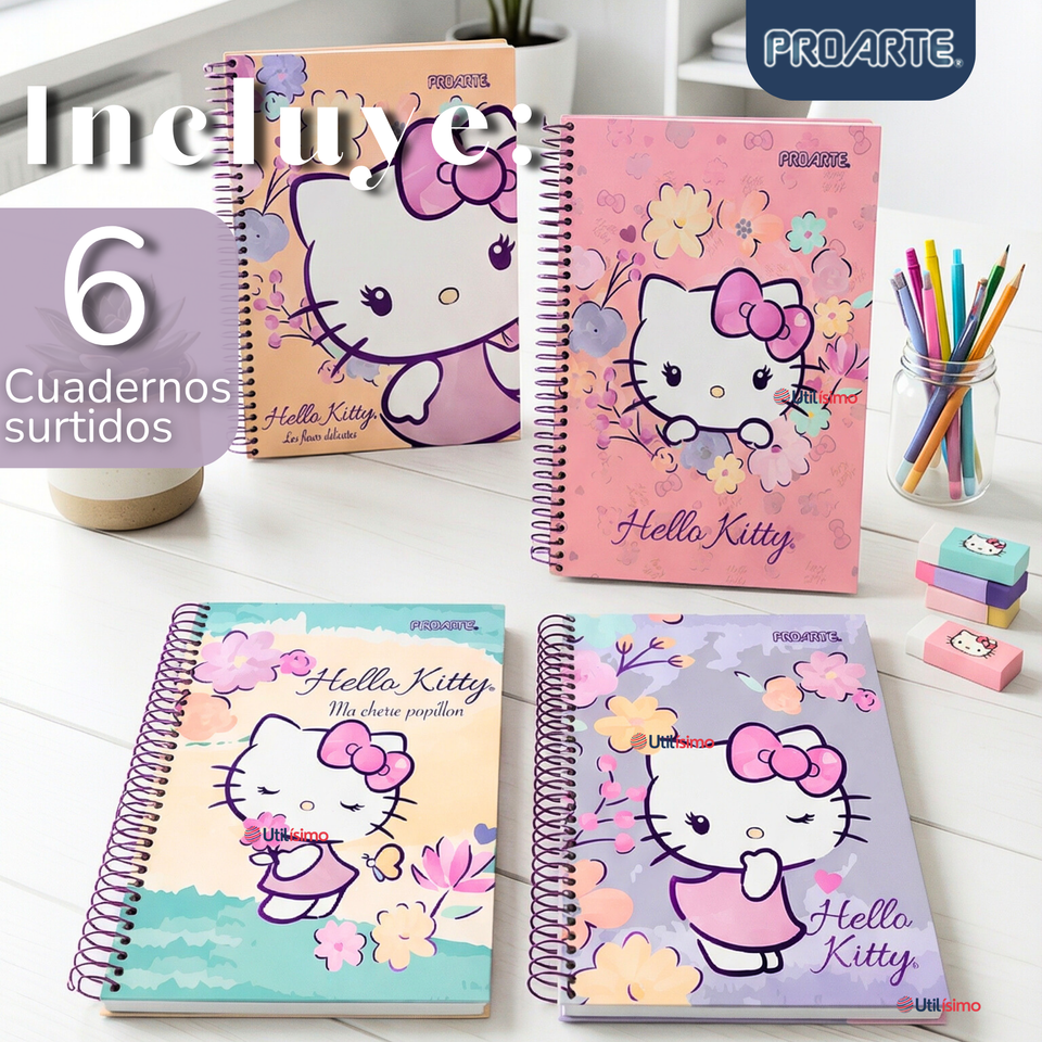 Pack 6 Cuadernos Universitario Hello Kitty 150 Hojas Tapa Gruesa Proarte Diseño Surtido