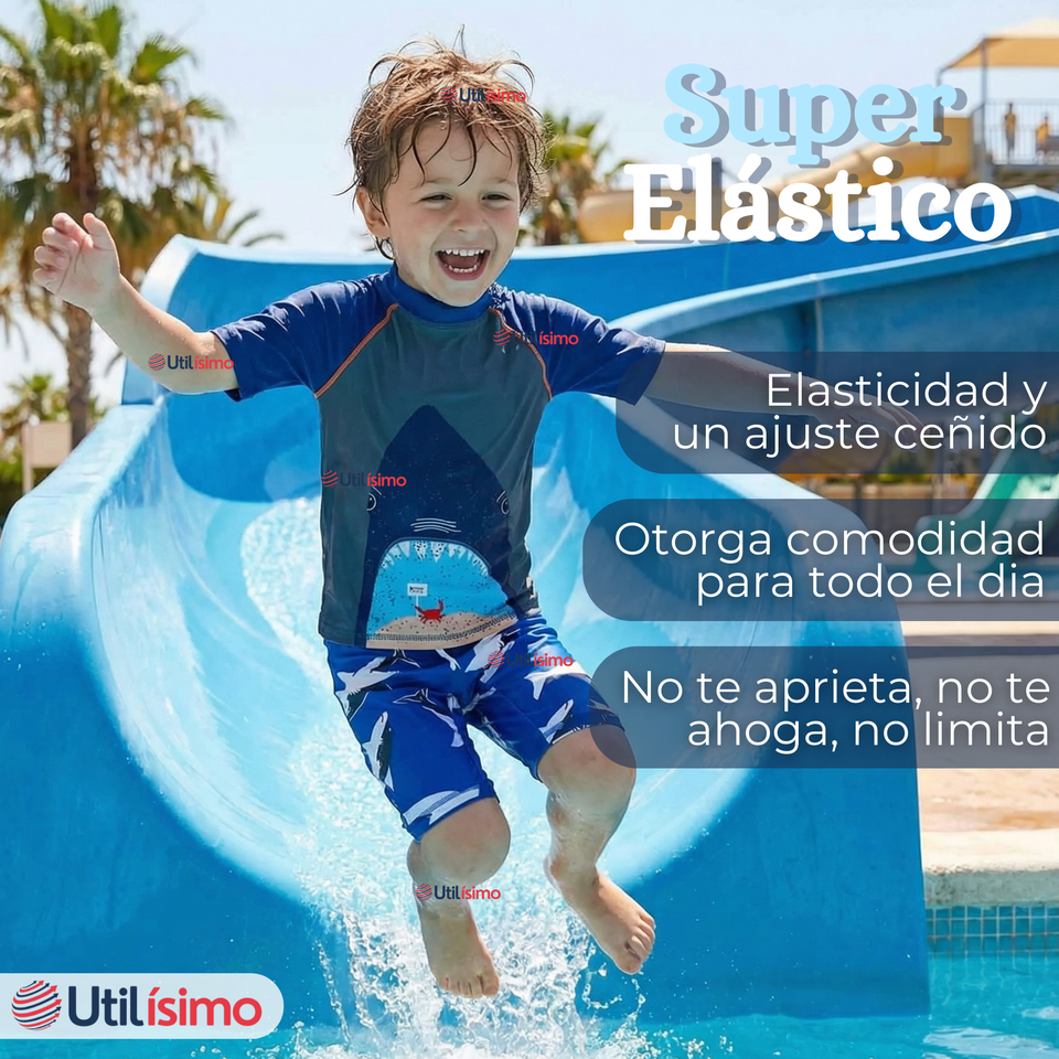 Traje de Baño Pantalón Corto Manga Corta 2 Piezas Corte Split Niño 2 a 4 años Blue Shark