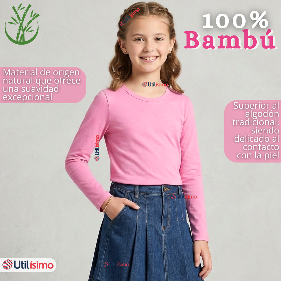 Camiseta Polera Bambú Cuello Redondo Rosado Oscuro Primera Capa Manga Larga Niña