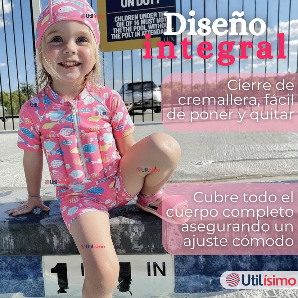 Traje de Baño Flotador Enterito Con Gorro Niña 2 Piezas 9 a 36 Meses Pink Sea