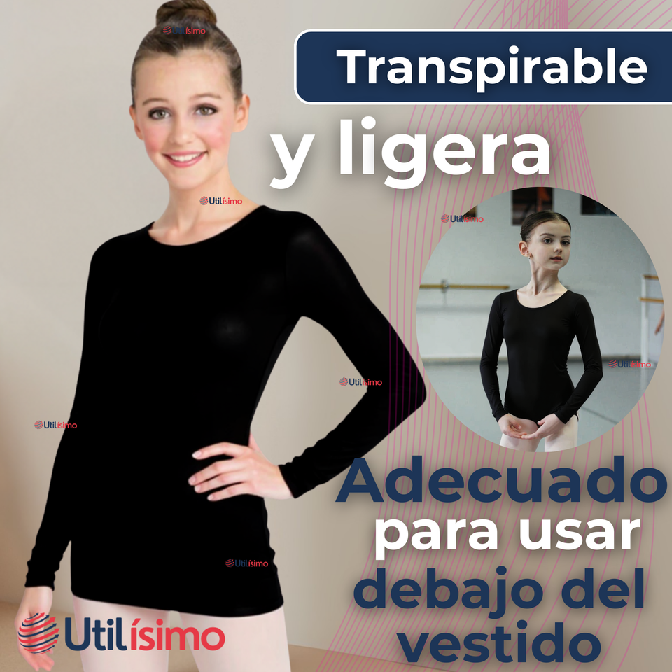 Camiseta De Panty Elástica Transpirable Manga Larga Segunda Piel Niña Nylon Negro