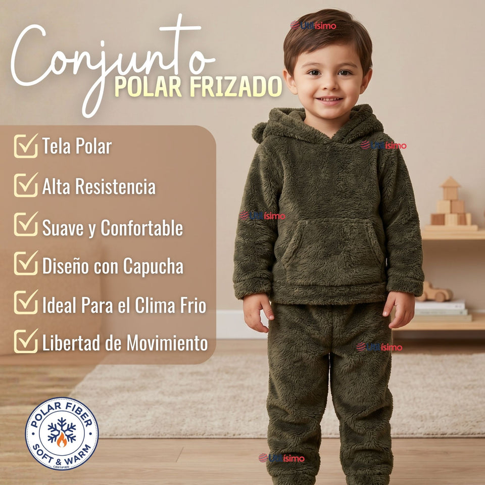 Buzo Polerón Conjunto Polar Niño Con Capucha Unicolor Verde Oscuro