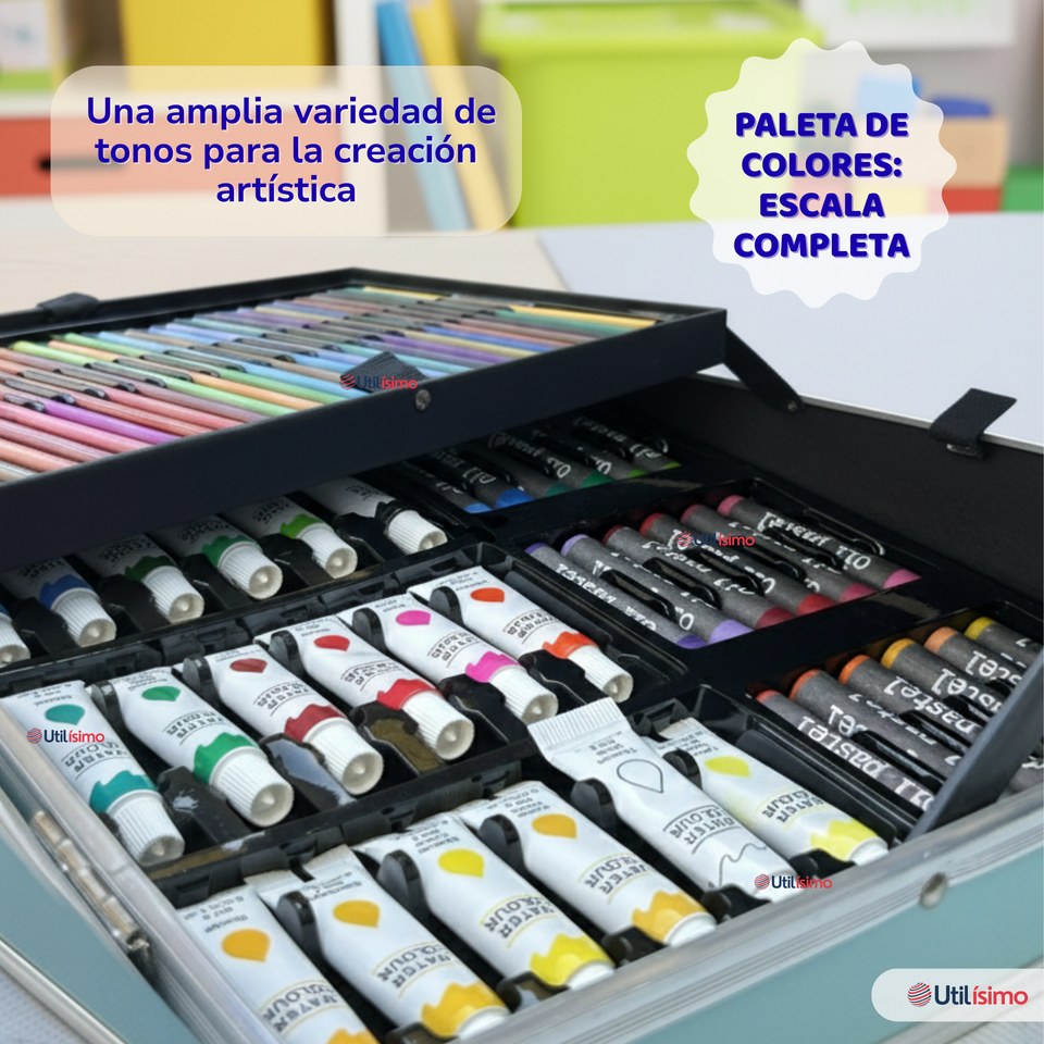 Set 145 Piezas Arte Infantil Dibujo Maletín Metálico Completo Incluye Lápices Marcadores Pinturas Pasteles Y Accesorios