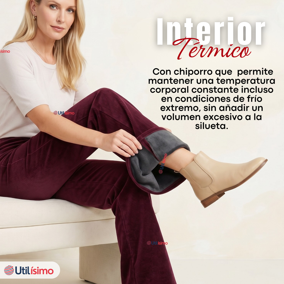 Pantalón Cotelé Palazzo Polar Con Chiporro Elasticado Térmico Burdeo