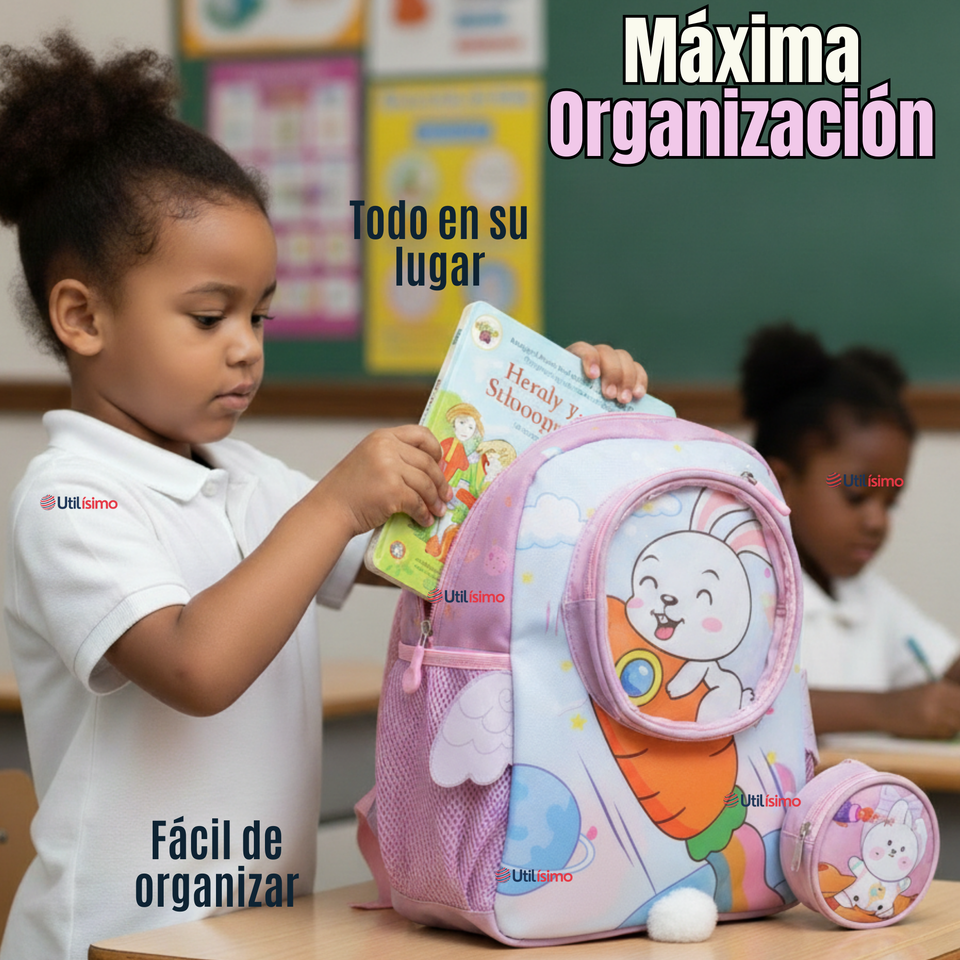 Mochila Escolar Con Estuche 33cm Poliéster Impermeable Conejita Niña