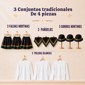 Pack 3 Trajes Nortinos Niña Negro 4 Piezas Con Poleras Baile Típico Fiestas Patrias
