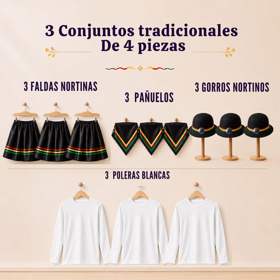 Pack 3 Trajes Nortinos Niña Negro 4 Piezas Con Poleras Baile Típico Fiestas Patrias