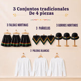 Pack 3 Trajes Nortinos Niña Negro 4 Piezas Con Poleras Baile Típico Fiestas Patrias