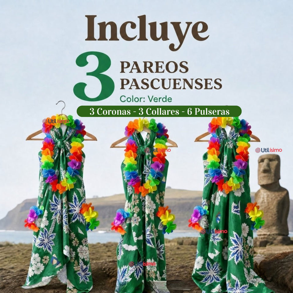 Pack 3 Trajes Páscuense Pareo Hawaiano Verde Niña Con Accesorios