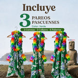 Pack 3 Trajes Páscuense Pareo Hawaiano Verde Niña Con Accesorios