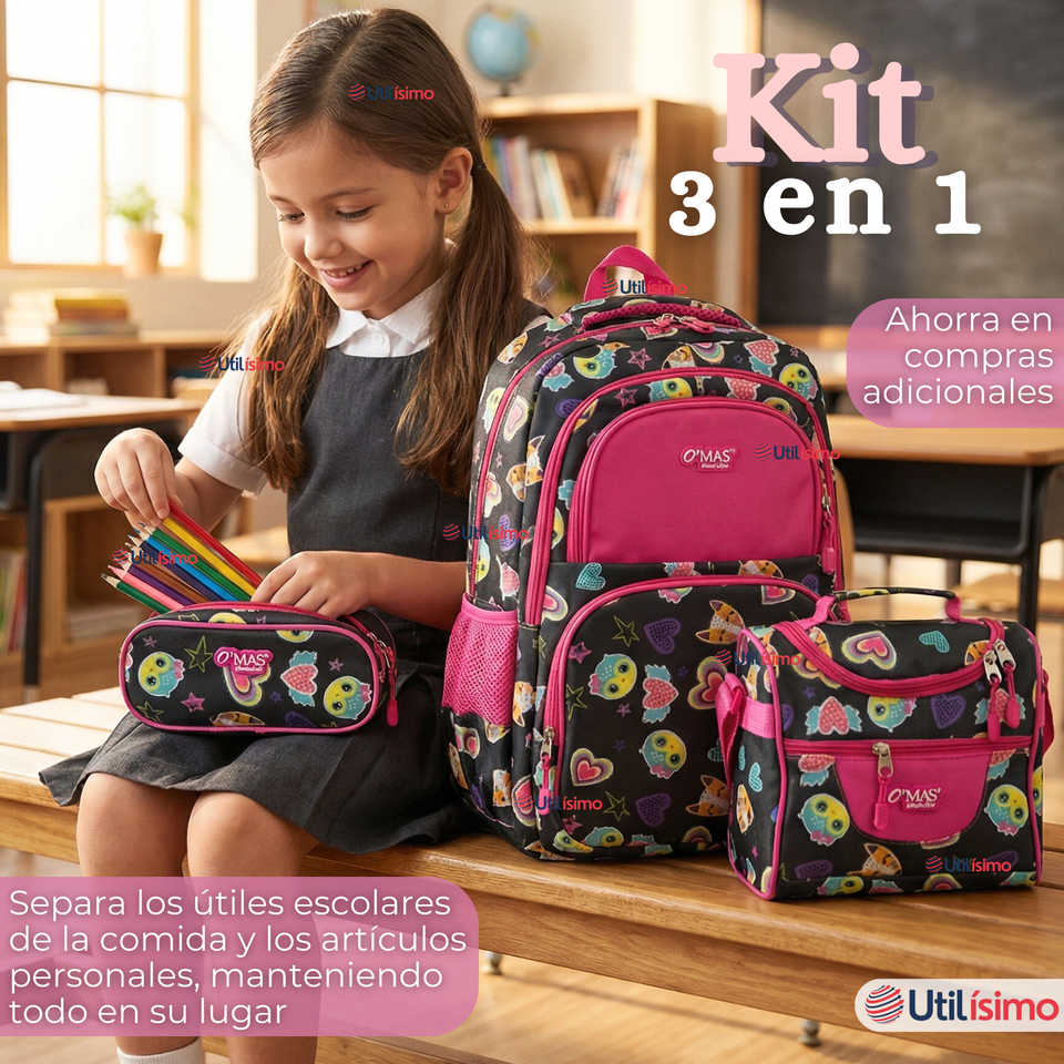 Mochila Escolar + Estuche + Lonchera 43cm Tela Oxford Negro Corazones Niña