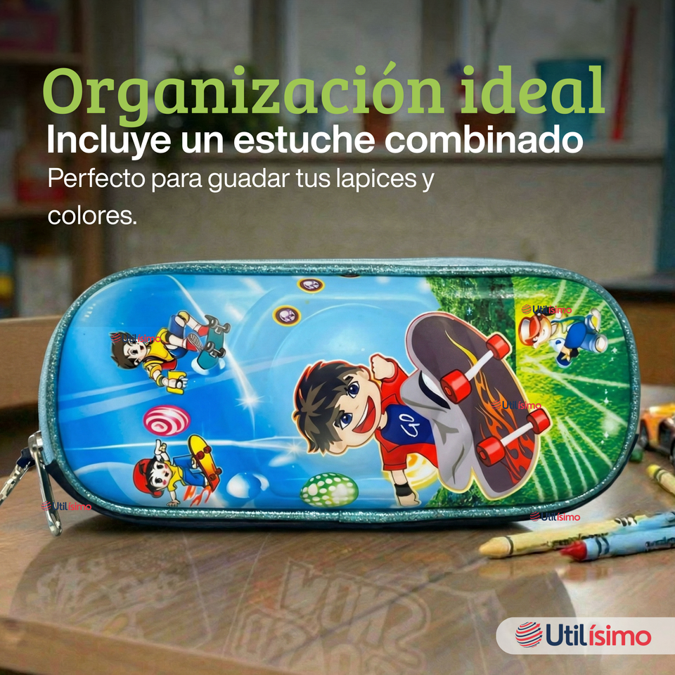 Mochila Escolar Bolso Con Efecto 3D Estuche + Lonchera 40Cm Tela Oxford Niño Skate Hero