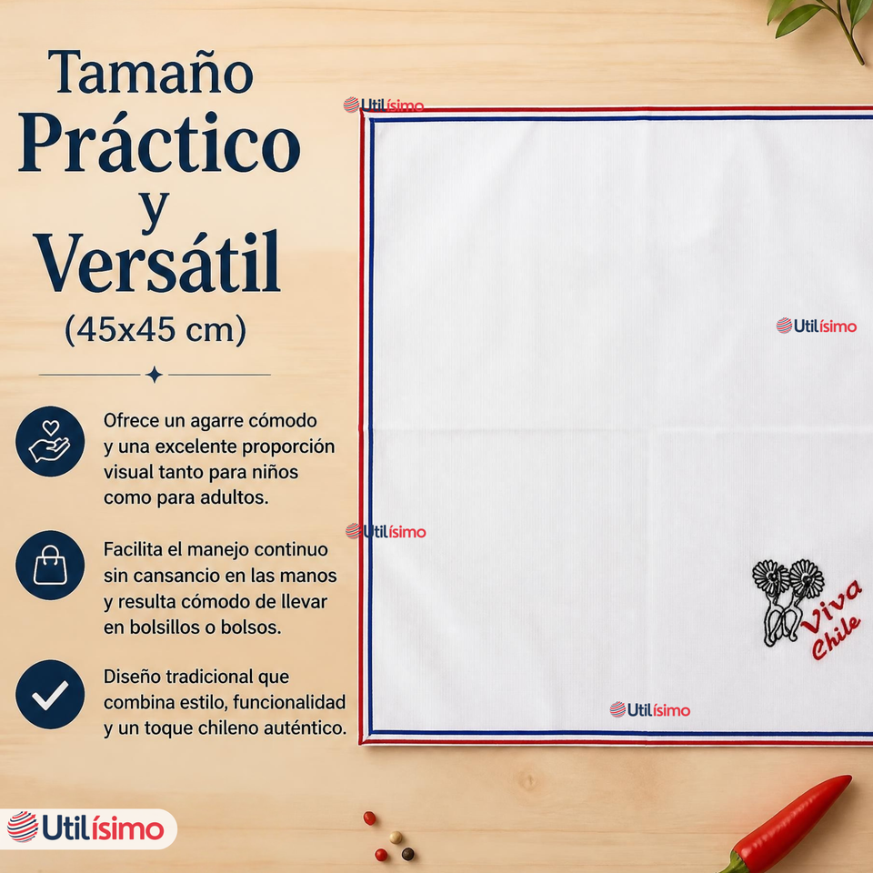 Pañuelo Baile Cueca 45cm Bordado Espuelas Algodón Fiestas Patrias
