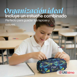 Mochila Bolso Escolar + Lonchera + Estuche 45Cm Niño Tela Oxford Blue Dinosaur