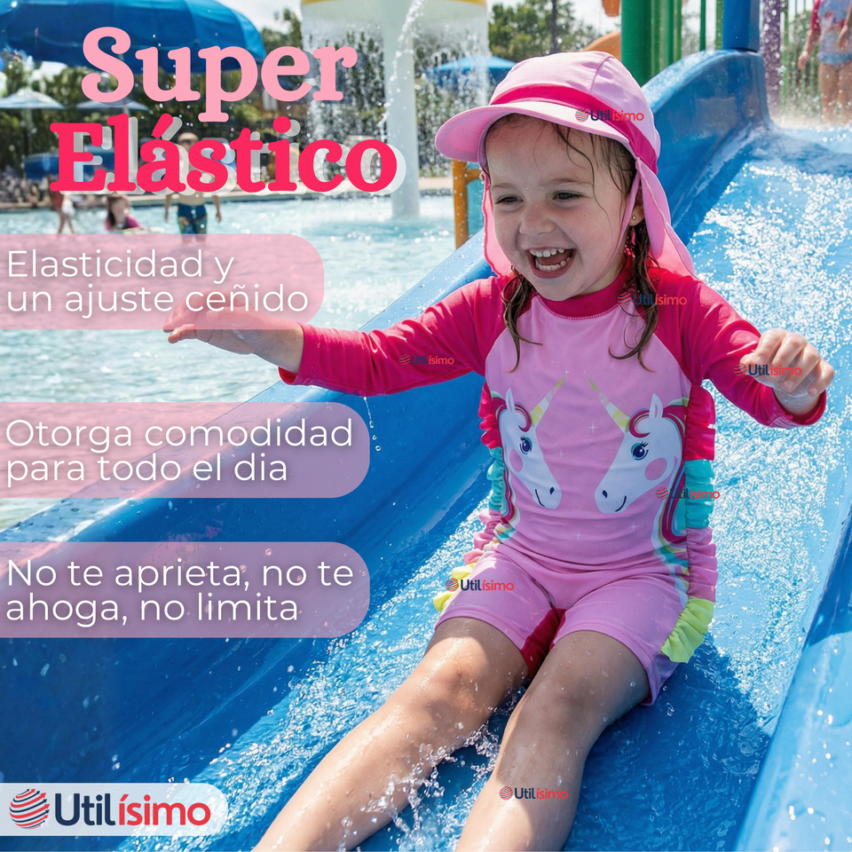 Traje de Baño Enterito Cremallera Manga Larga Con Gorro Niña 1 a 5 años Pink Unicorn