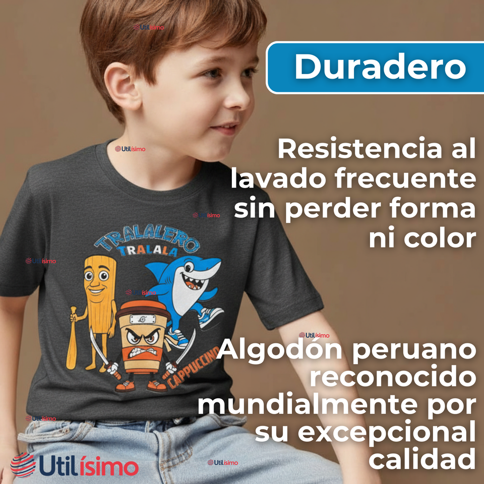 Polera Brainrots 100% Algodón Manga Corta Niño Tralalero Gris Oscuro